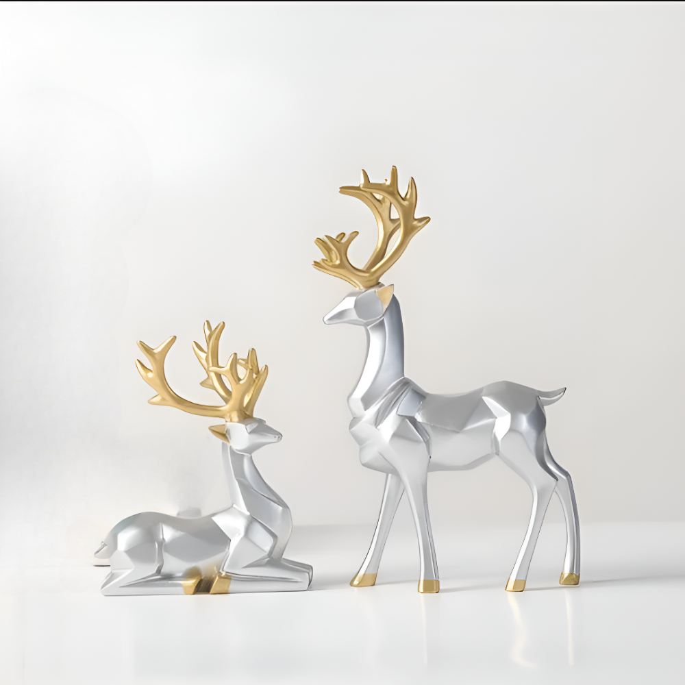 Geometric Reindeer Figurine Set - Contemporary 2pc Decor