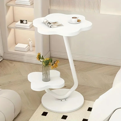 White Floral End Table with 2 Tier Storage and Metal Base