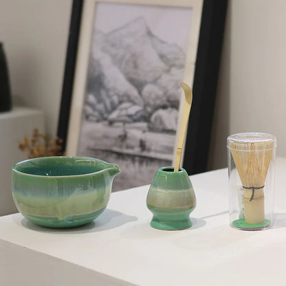 Matcha Tea Set Green Standard Ceramic 4-Piece Hand-Painted Gift Set-3