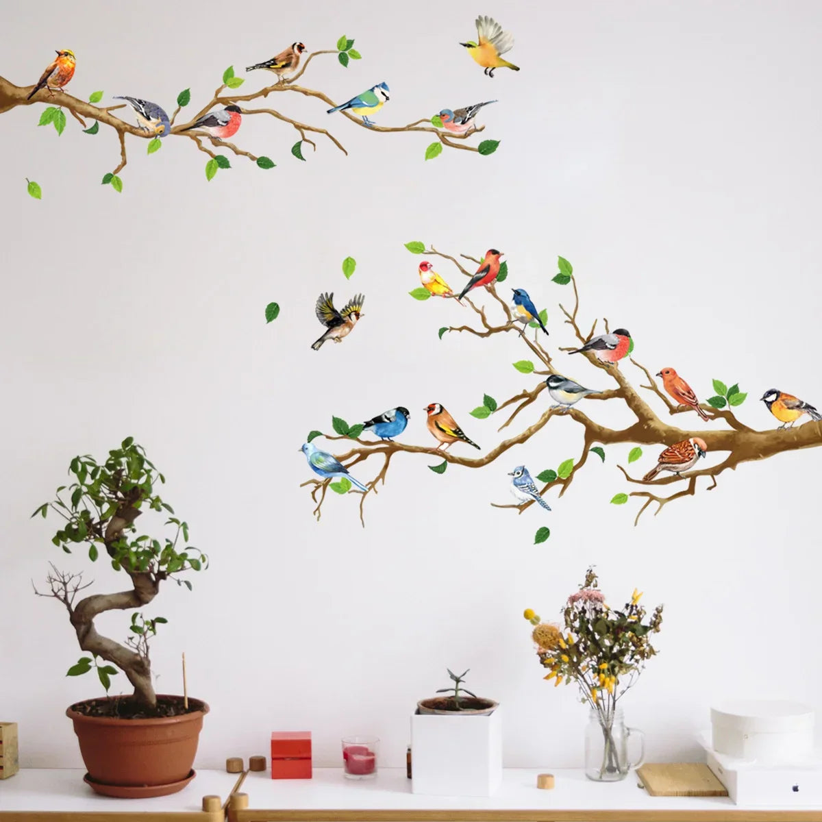 Decorative Bird Wall Decals with Leaf Design Set - Halri