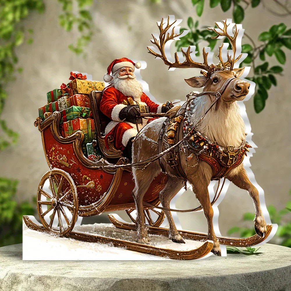 Christmas Reindeer Sleigh Figurine with Santa Claus Decoration