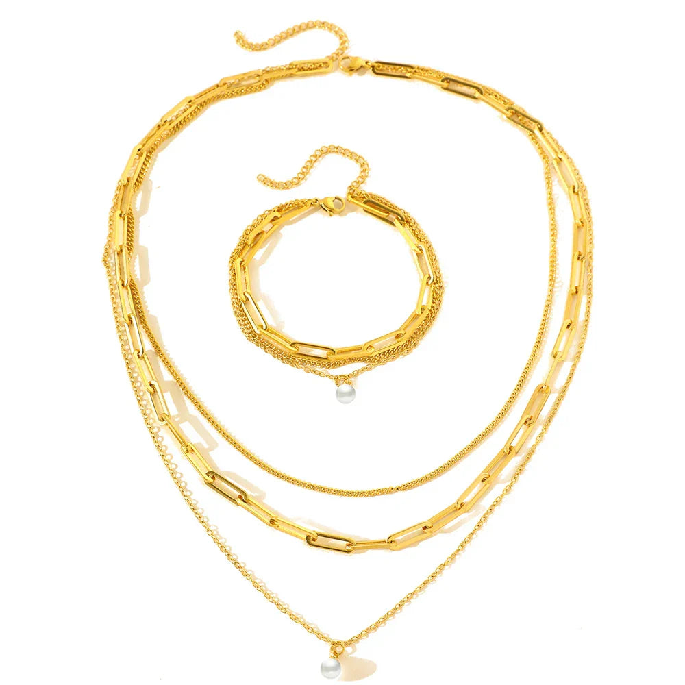 Delicate Pearl Chain Layering Bracelet Necklace Set - Halri
