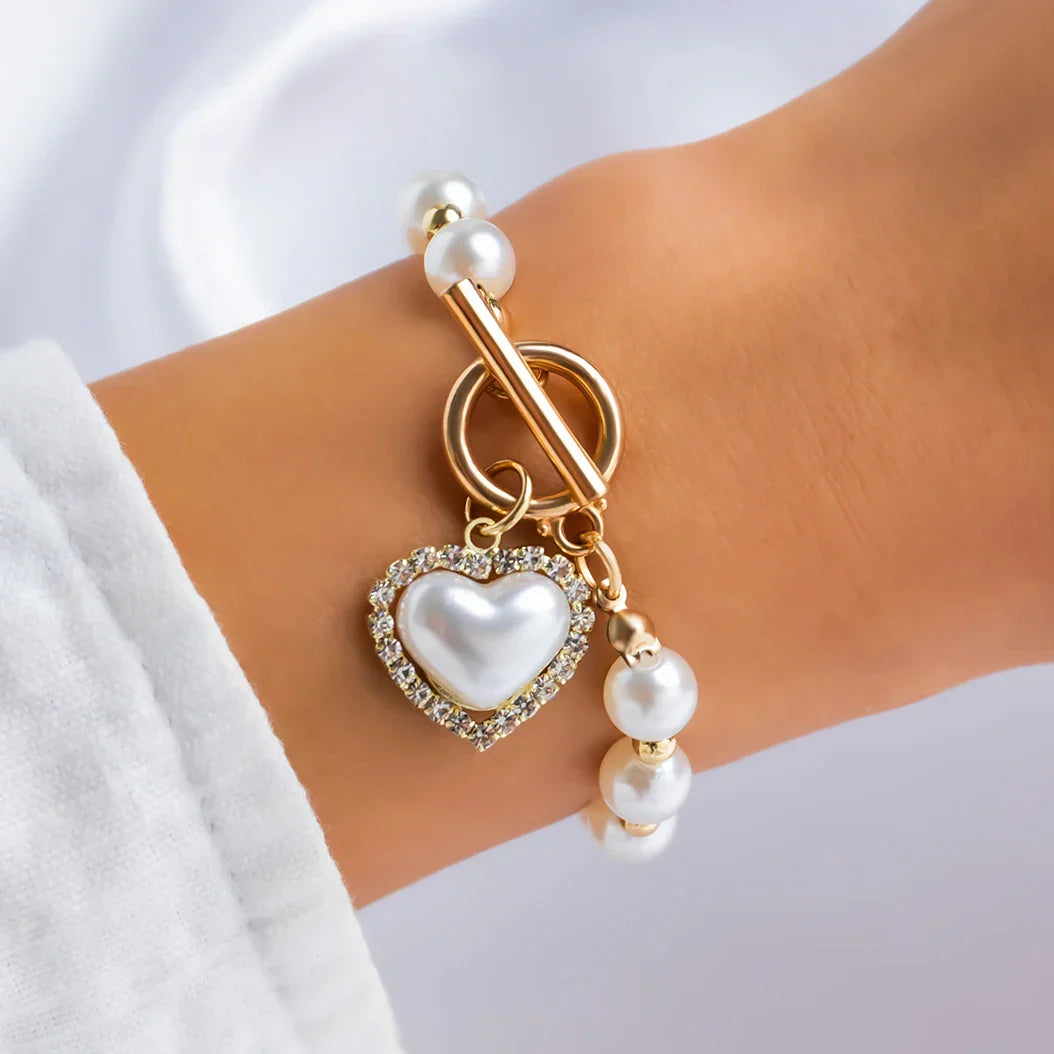 Elegant Pearl and Diamond Heart Bracelet - Halri