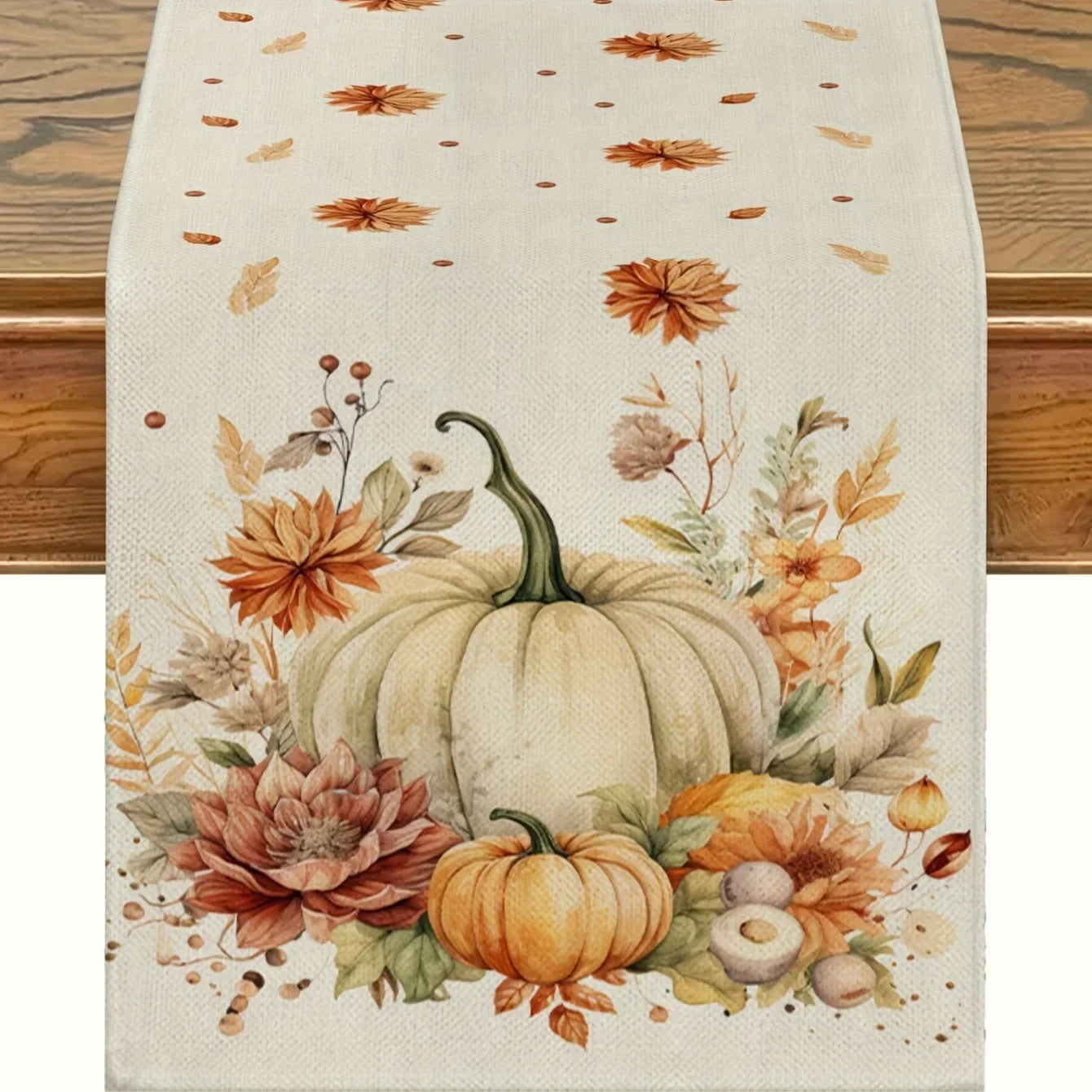 Cozy Fall Table Runner with Pumpkins and Flowers