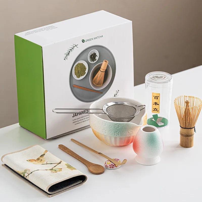 Deluxe Green Tea Set Ceramic 8 Piece With Bamboo Whisk - Halri
