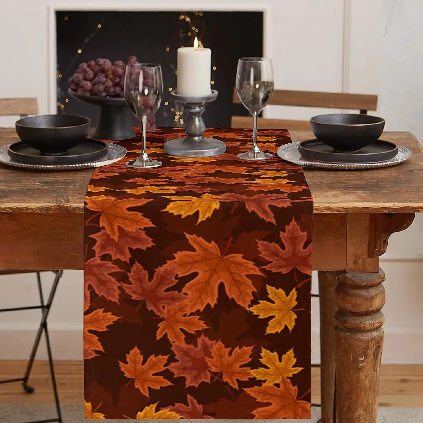 Cozy Fall Table Runner, Maple Leaf Design, Washable Linen - Halri