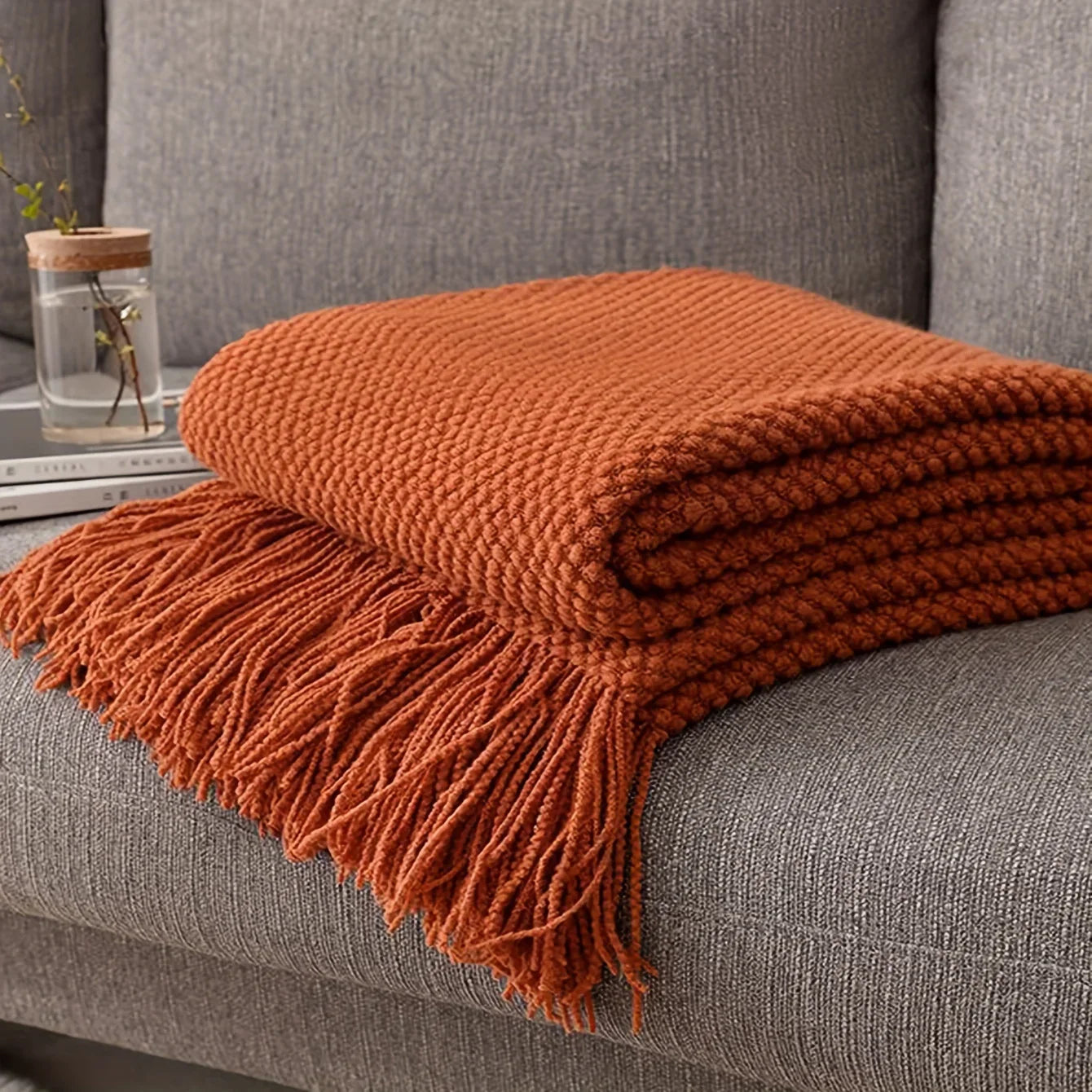 Plush Orange Throw Blanket with Tassels