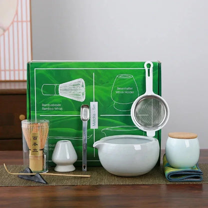 Deluxe Green Tea Set 10-Piece Ceramic Stainless Steel Accessories - Halri