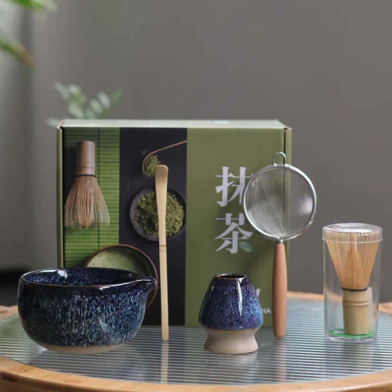 Traditional Blue Matcha Tea Bowl Set with Whisk and Brush - Halri