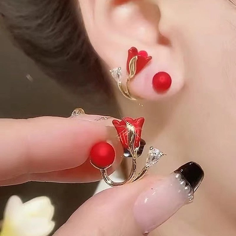 Beautiful Red Bloom Korean Zircon Drop Earrings - Halri