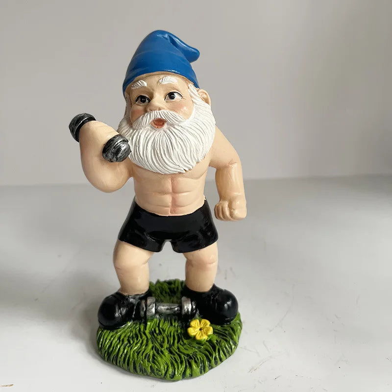 Cute Garden Gnome Weightlifter Resin Statue - Halri