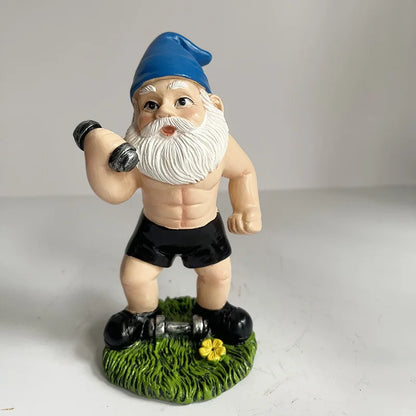 Cute Garden Gnome Weightlifter Resin Statue - Halri