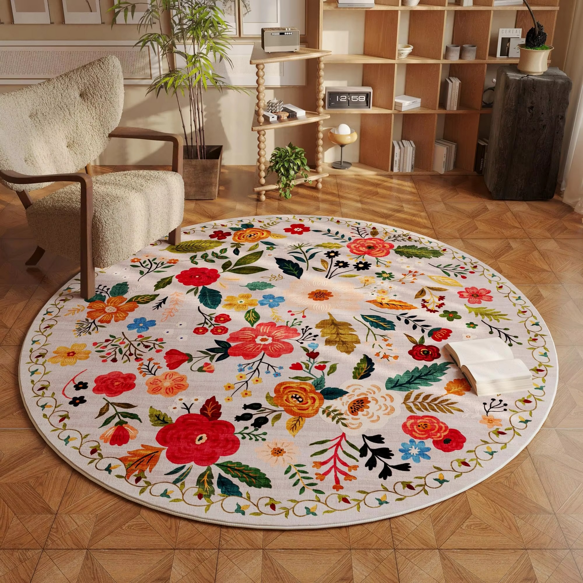 Soft Beige Floral Area Rug with Non Slip Backing - Halri