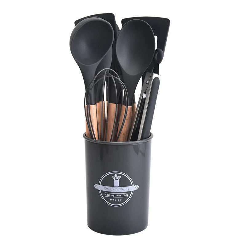 Non-Stick Silicone Kitchen Tool Set with Wooden Handles