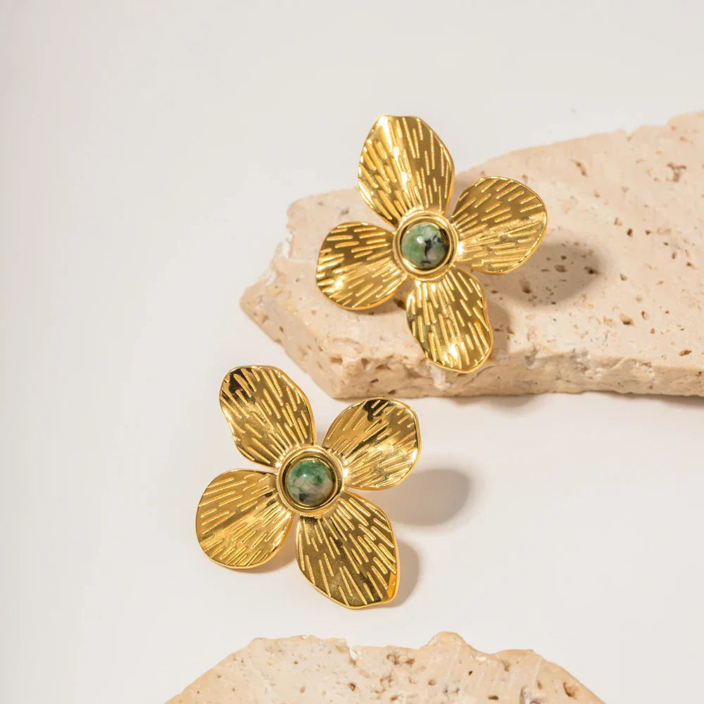 Green Gem Flower Stud Earrings 18k - Halri
