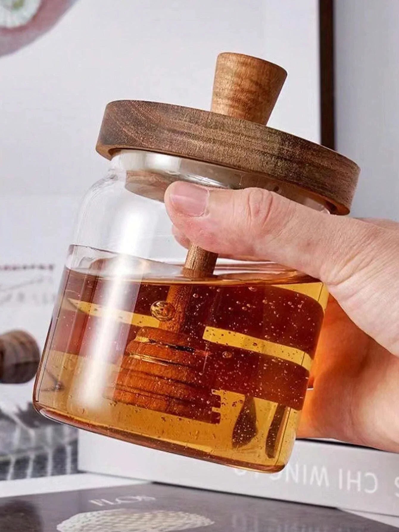 Natural Glass Honey Pot with Wood Lid and Spoon - Halri