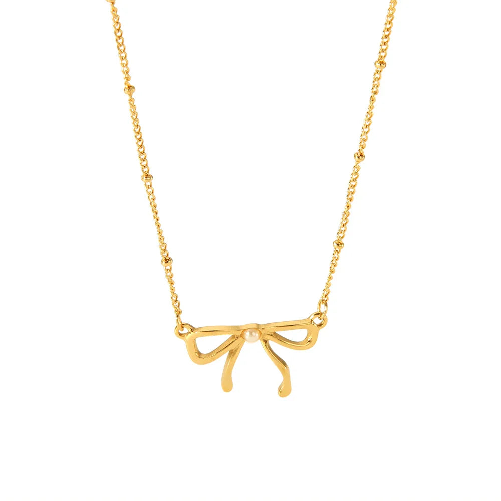 Elegant Bow Herringbone Pearl Chain Necklace