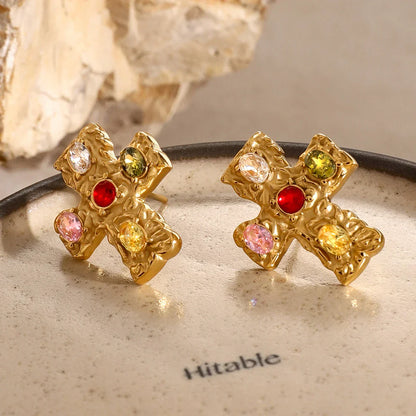 Luxury 18k Gold Diamond Oval Cross Earrings