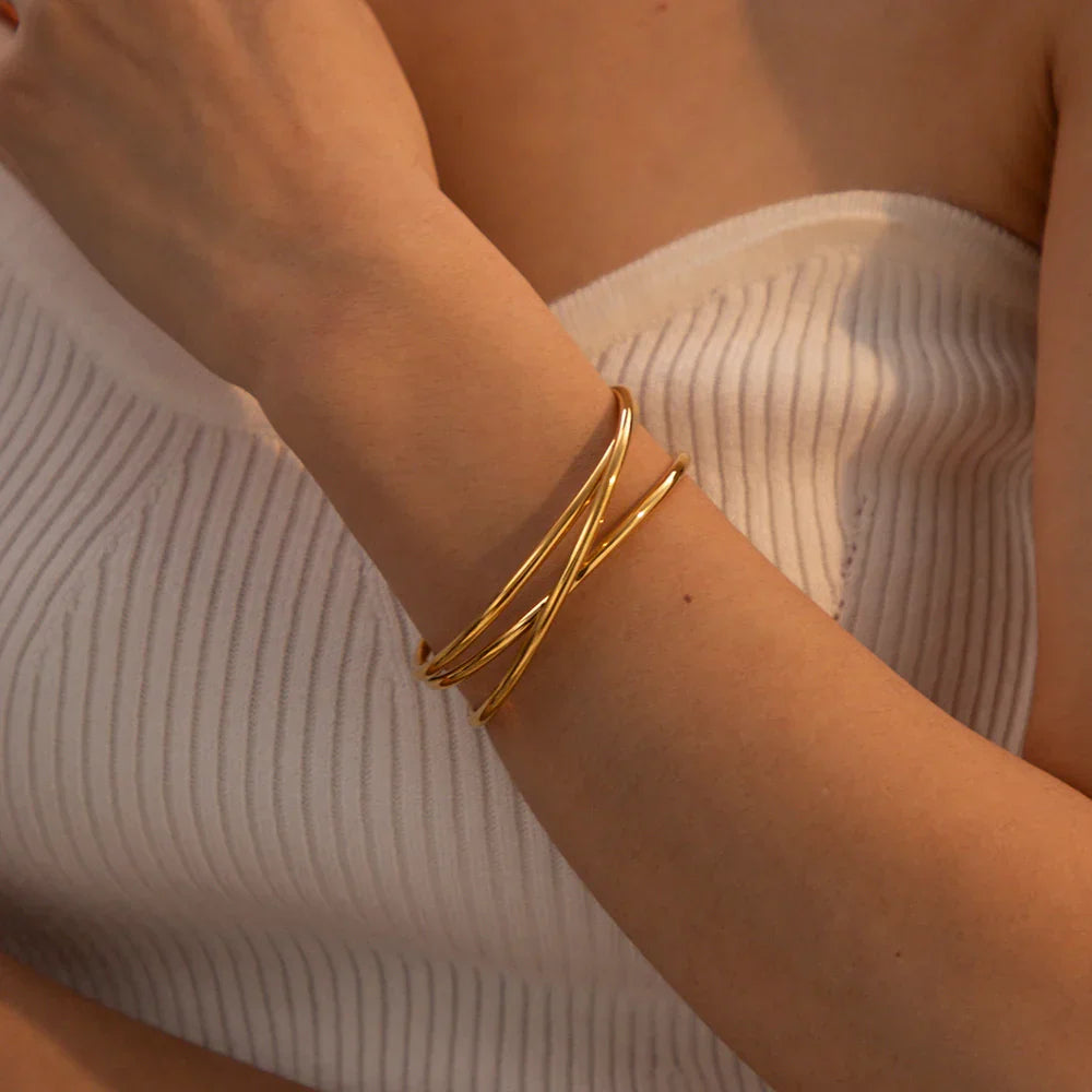 Gold Plated Triple Strand Bangle Cuff Bracelet - Halri