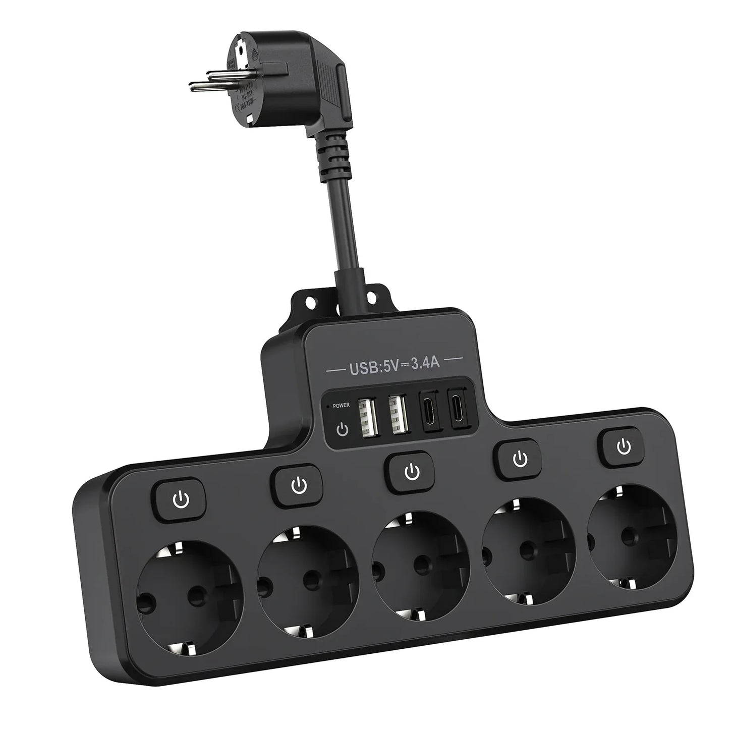 Compact EU Power Strip with 5 Outlets and 4 USB Ports - Halri