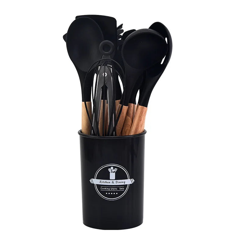 Non-Stick Silicone Kitchen Tool Set with Wooden Handles - Halri