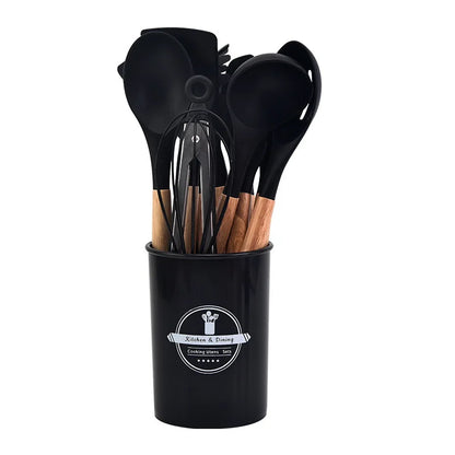 Non-Stick Silicone Kitchen Tool Set with Wooden Handles - Halri