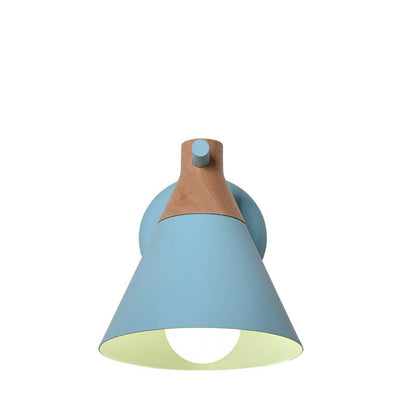 Light blue wall lamp with wooden accent on a white background