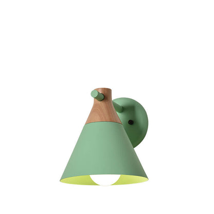 Green wall sconce with wooden accent on a white background
