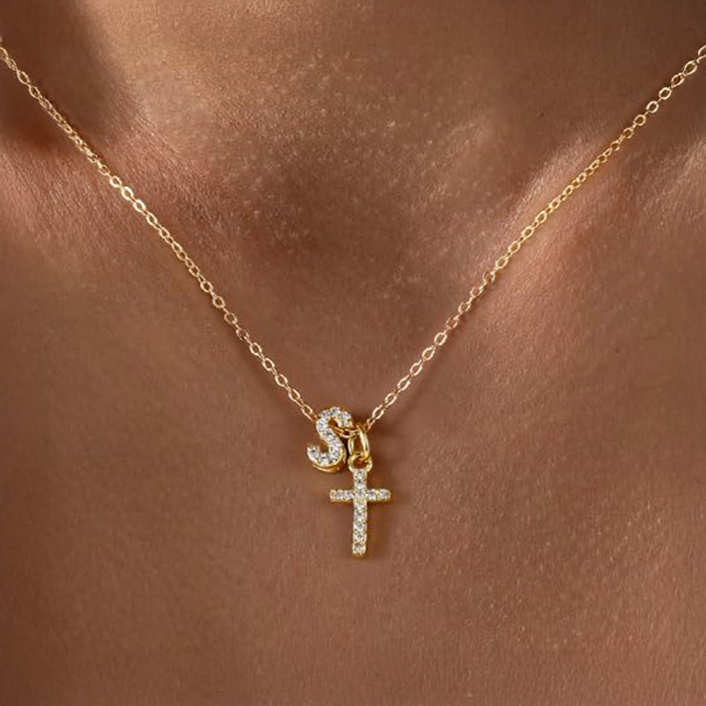 Delicate Initial and Cross Diamond Pendant Necklace