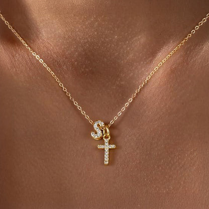 Delicate Initial and Cross Diamond Pendant Necklace