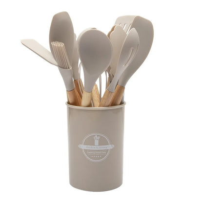 Non-Stick Silicone Kitchen Tool Set with Wooden Handles