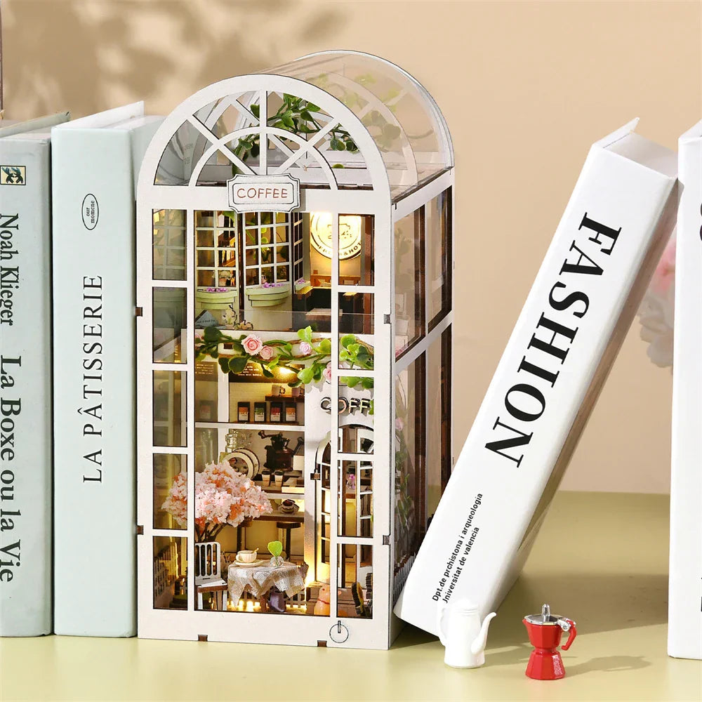 Cozy Mini Coffee Shop Wood Bookshelf Kit with LED Light - Halri