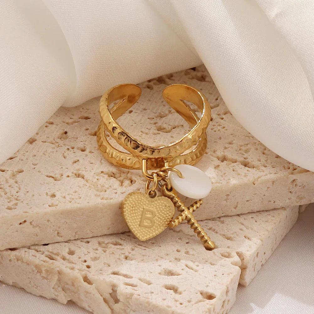 Delicate Cross Heart Initial Necklace Ring