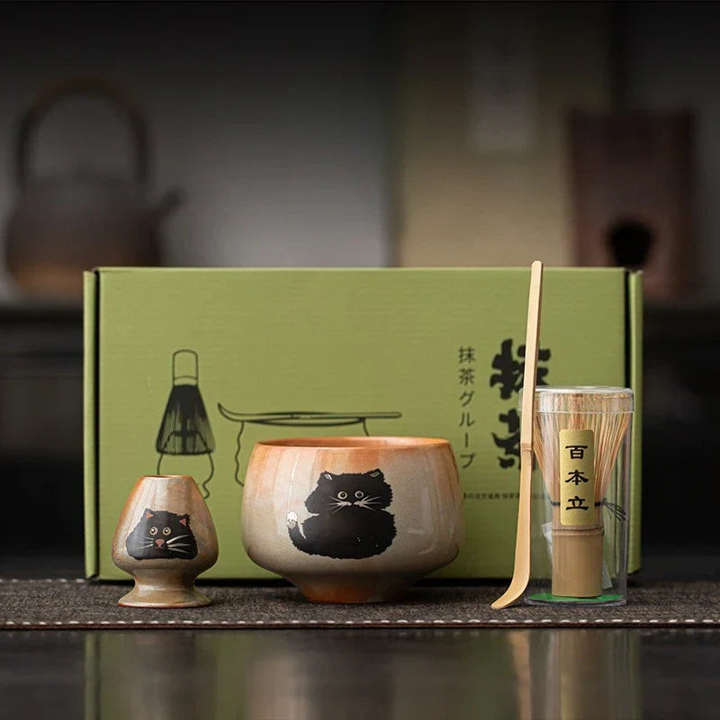 Green Tea Cat Mug Set 4pc Bamboo Whisk Ceramic Cup - Halri