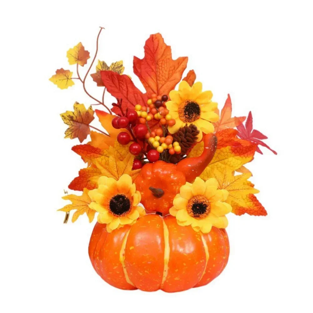 Fall Harvest Pumpkin Centerpiece with Fake Flowers - Halri