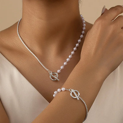 Elegant Chain and Pearl Choker Set Necklace
