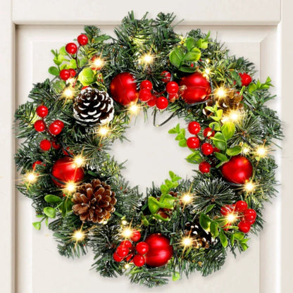 Holiday Christmas Wreath with LED Lights & Red Decor