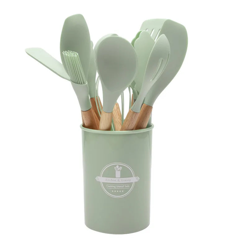 Non-Stick Silicone Kitchen Tool Set with Wooden Handles
