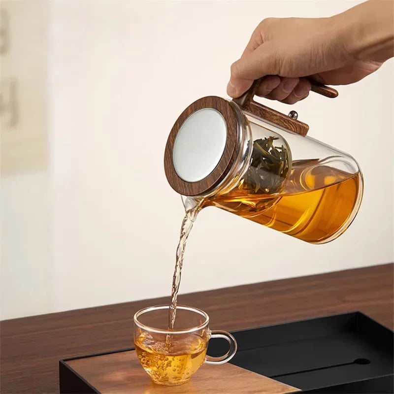 Premium Glass Teapot with Metal Infuser & Wood Handle