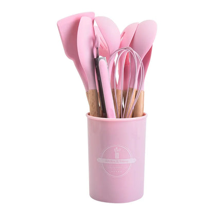 Non-Stick Silicone Kitchen Tool Set with Wooden Handles