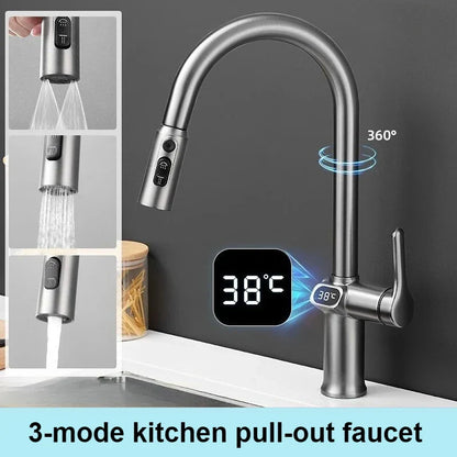 Smart Pull-out Kitchen Faucet with LED Screen and 360 Spout