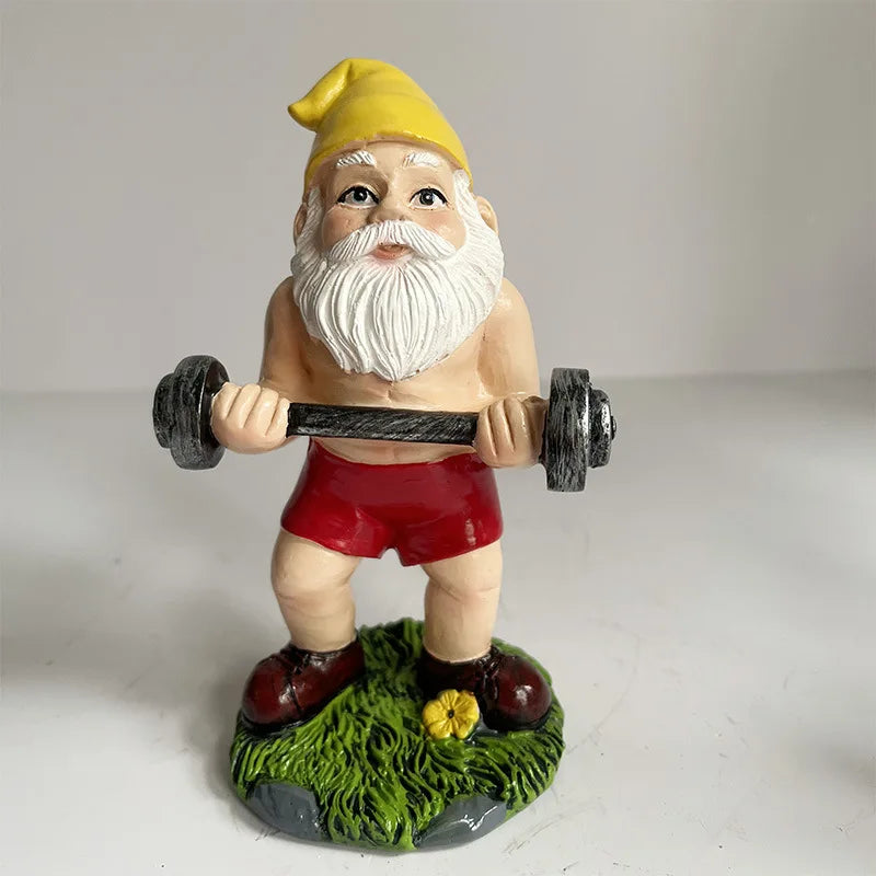 Cute Garden Gnome Weightlifter Resin Statue