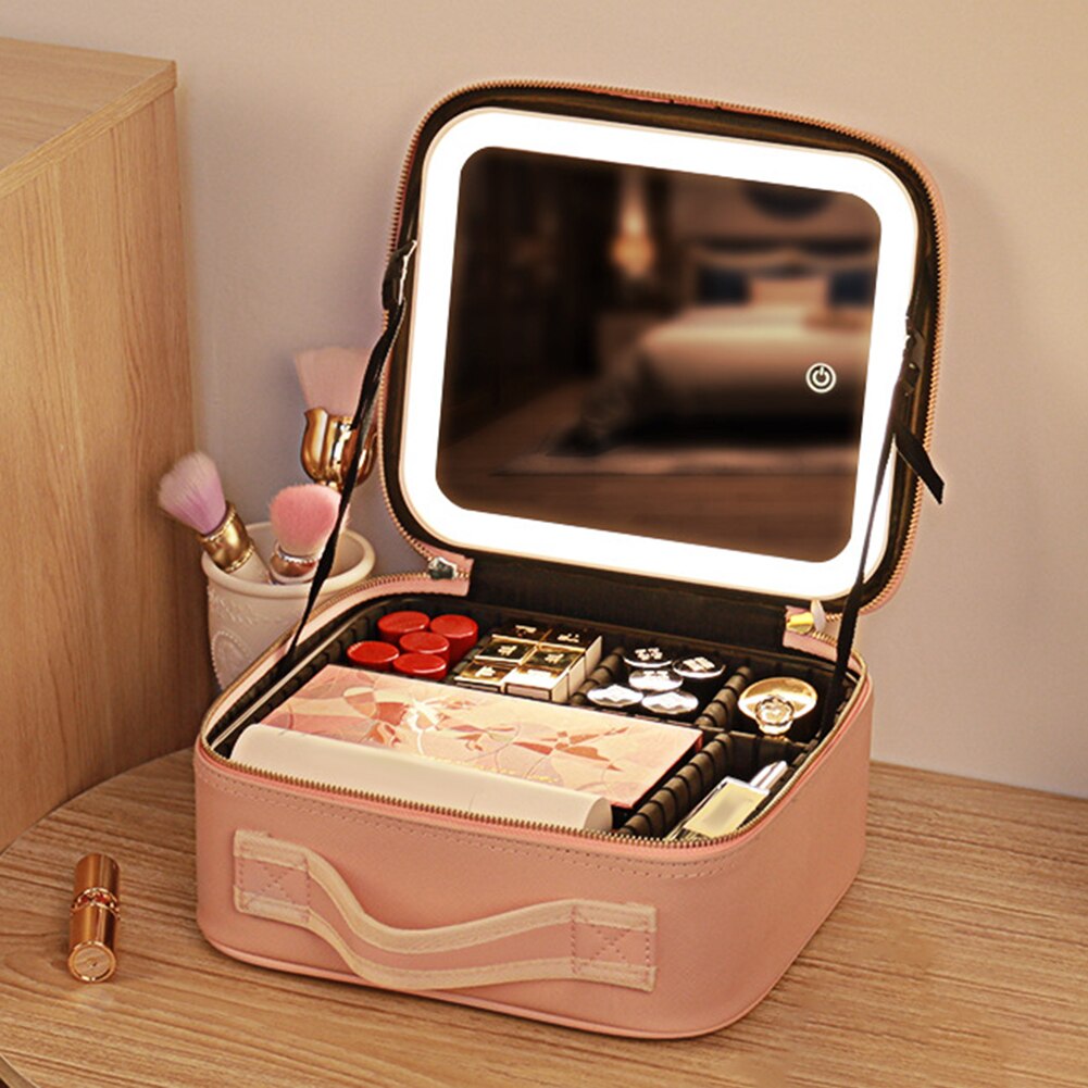 Compact Travel Makeup Box with LED Light & Mirror
