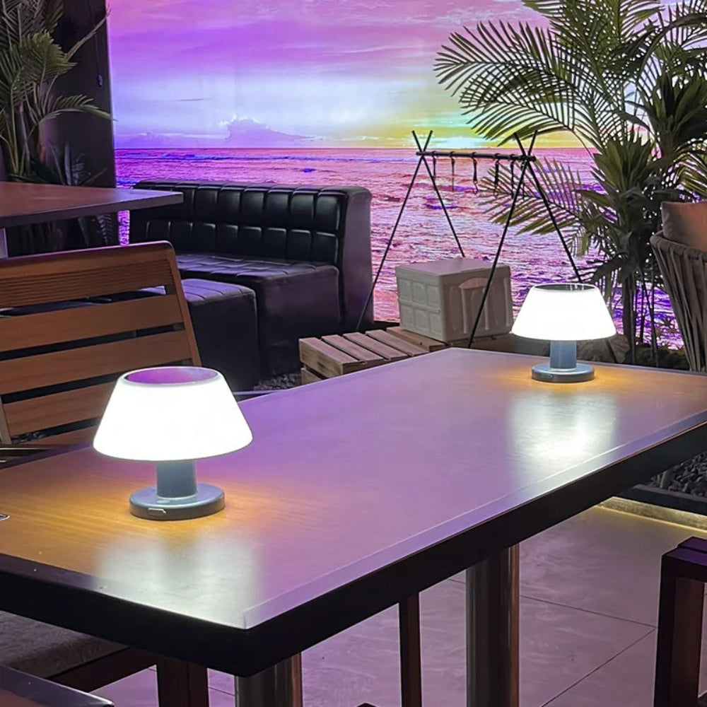 Two table lamps on a wooden table with a scenic background