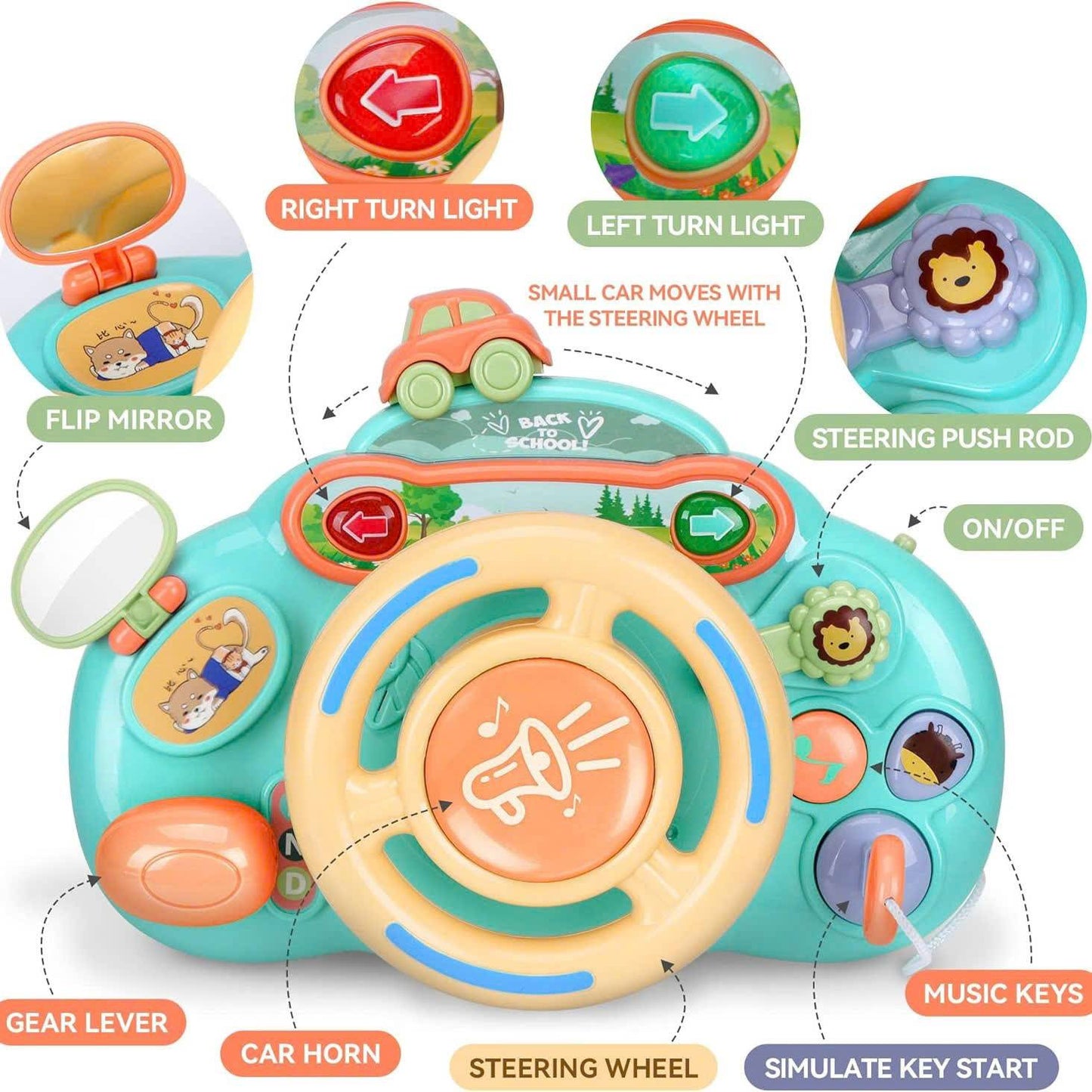 Steering Wheel Toy with Sound, Lights, and Secure Strap – Safe for Ages 18+ Months