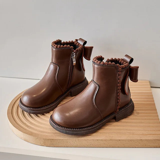 Kids Black Leather Ankle Boots with Grip Sole