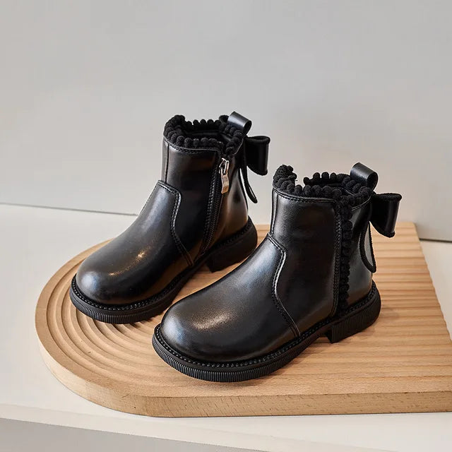 Kids Black Leather Ankle Boots with Grip Sole