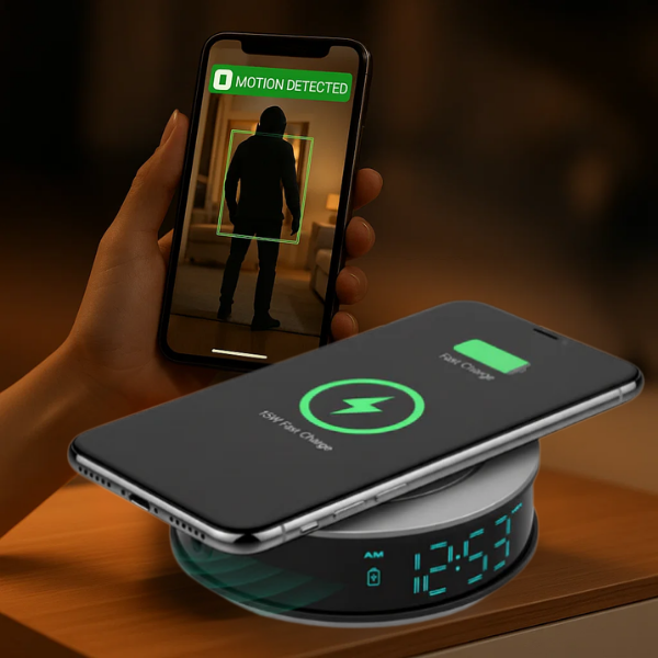 HD Spy Clock with Fast Wireless Charging and Motion Alert - Halri