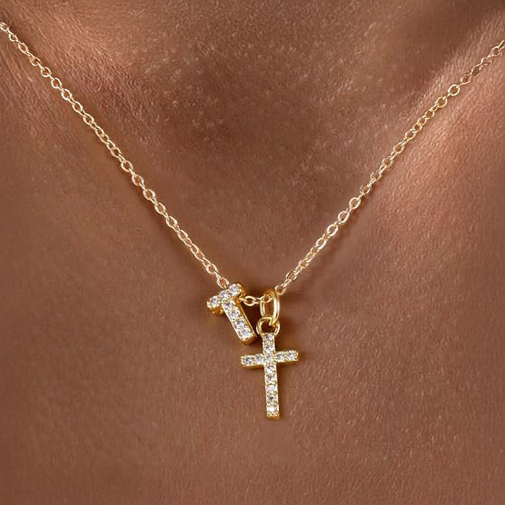 Delicate Initial and Cross Diamond Pendant Necklace
