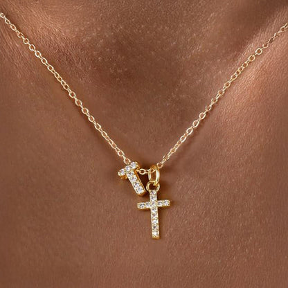 Delicate Initial and Cross Diamond Pendant Necklace